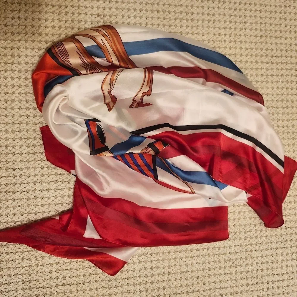 Oversized 100% Silk Equestrian Horse Print Scarf Bold Red Border Ret. 125€/$150